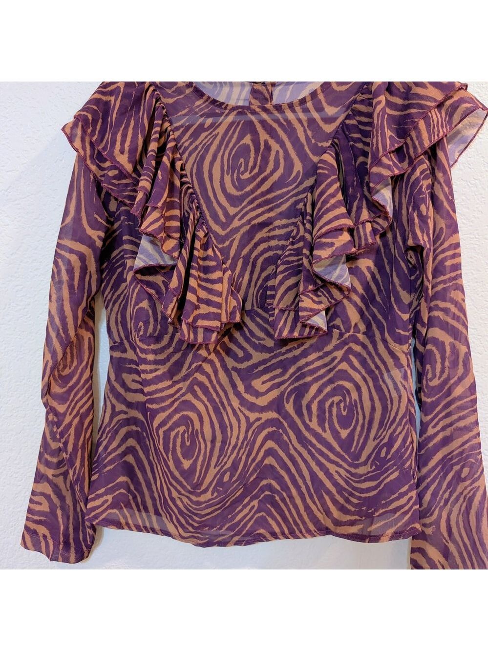 Lumina Fashion Blouse,Semi Sheer,Long Sleeves, Purple/ Light Brown, Small, Italy